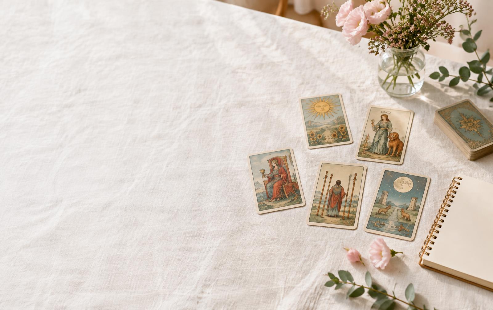 Cartes de tarot, carnet et fleurs sur une table lumineuse